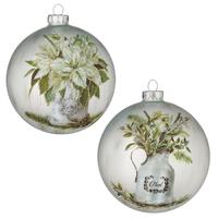 RAZ Seasons Frost - 12cm/4.75" Winter Farmhouse Floral Ball HO (2AT)